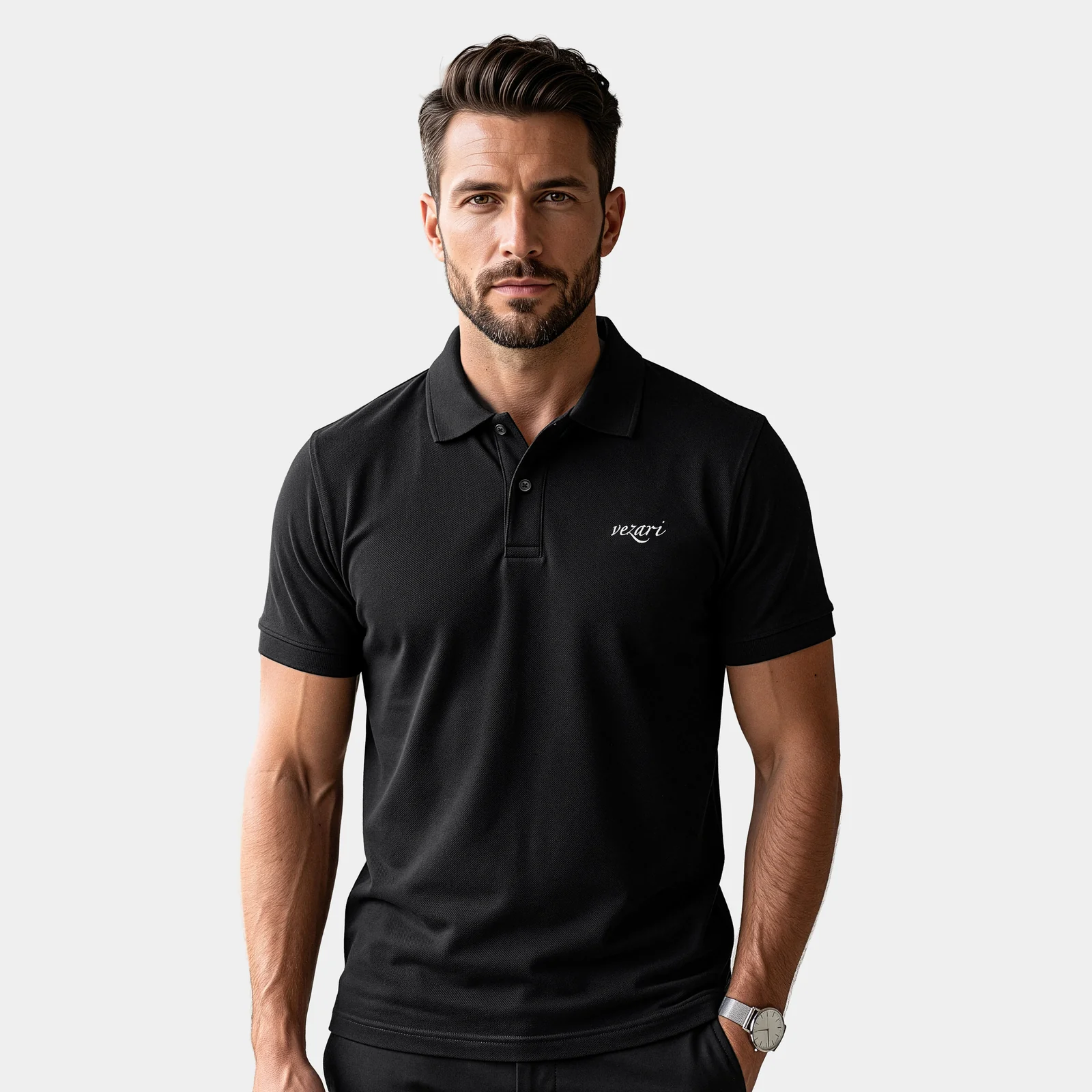 Model wearing the black Casual Fit Polo, front view